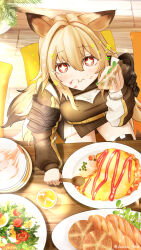Rule 34 | + +, 1girl, :t, animal ears, arknights, breasts, brown jacket, ceobe (arknights), closed mouth, commentary, commentary request, cushion, dog ears, dog girl, dog tail, english commentary, food, food on face, food request, from above, hair between eyes, highres, holding, holding food, holding spoon, indoors, jacket, light brown hair, long hair, long sleeves, medium breasts, plate, puffy long sleeves, puffy sleeves, sitting, sleeves past wrists, solo, sparkle, spoon, tail, very long hair, wavy mouth, wooden floor, yokaze (yokajie), zabuton