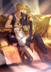 Rule 34 | 1boy, absurdres, androgynous, armlet, bad id, bad pixiv id, barefoot, black pants, blonde hair, blush, bracelet, cup, earrings, elbow gloves, enkidu (fate), closed eyes, fate/grand order, fate/strange fake, fate (series), full body, gilgamesh (fate), gloves, gold trim, green hair, hand on another&#039;s face, hand on another&#039;s shoulder, highres, imminent kiss, jewelry, long hair, looking at another, midriff, navel, necklace, official alternate costume, pants, red eyes, rrr (reason), short hair, sitting, sitting on lap, sitting on person, very long hair, white pants
