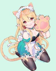 Rule 34 | 1girl, alternate costume, animal ears, animal hands, apron, black thighhighs, blonde hair, blush, bow, breasts, cat ears, cat girl, cat tail, cherry cheezy, choker, cleavage, dress, flower, frilled choker, frills, garter straps, gloves, green bow, green dress, hair bow, hair flower, hair ornament, highres, kemonomimi mode, long hair, looking up, maid, maid apron, nijisanji, nijisanji en, off-shoulder dress, off shoulder, paw gloves, pointy ears, pomu rainpuff, red eyes, single glove, small breasts, smile, solo, tail, thighhighs, virtual youtuber, white apron, white flower