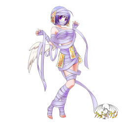 Rule 34 | 1girl, angel, angel wings, bandages, blue hair, covered mouth, mummy, musora, original, purple eyes, talisman, white background, wings