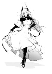 1girl :d absurdres arknights breasts cleavage_cutout clothing_cutout dress floating_hair full_body greyscale hand_on_own_hip highres horns long_hair long_sleeves looking_at_viewer medium_breasts monochrome notice_lines open_mouth pantyhose shadow simple_background skirt_hold smile solo standing theresa_(arknights) twitter_username utsuke very_long_hair white_background