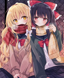 2girls :3 alternate_costume black_cardigan black_hair black_skirt blonde_hair blush bow bowtie braid brown_sweater cardigan chain-link_fence commentary fence frilled_bow frilled_hair_tubes frills hair_bow hair_tubes hakurei_reimu highres kasane_(cynthia) kirisame_marisa long_hair long_sleeves multiple_girls plaid_clothes plaid_scarf plaid_skirt red_bow red_bowtie red_eyes red_scarf sailor_collar scarf shirt side_braid sideways_mouth skirt sweater touhou white_sailor_collar white_shirt yellow_eyes yellow_scarf