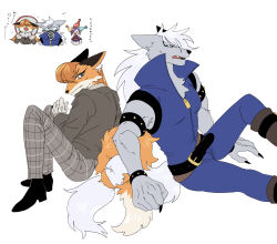 Rule 34 | 1boy, 1girl, animal ear fluff, animal ears, armlet, belt, black footwear, blue eyes, blue jumpsuit, blue sclera, body fur, boots, brown footwear, brown jacket, brown pants, claws, closed mouth, collared jumpsuit, colored sclera, feet out of frame, fox ears, fox girl, fox tail, full body, furry, furry female, furry male, gloves, grey fur, hand up, high collar, highres, jacket, joker (smile precure!), jumpsuit, knee up, knees up, long hair, long sleeves, looking at viewer, multiple views, muzzle, open mouth, orange fur, orange hair, original, pants, pet cone, plaid, plaid pants, precure, rata (norahasu), sharp teeth, simple background, sitting, sleeveless jumpsuit, slit pupils, smile precure!, studded belt, studded bracelet, tail, teeth, translation request, white background, white hair, wolf boy, wolf ears, wolf tail, wolfrun
