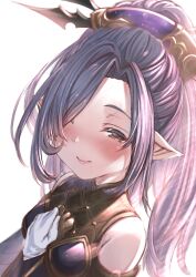 Rule 34 | 1girl, absurdres, aldehyde, armor, bare shoulders, breasts, brown eyes, gloves, granblue fantasy, harvin, highres, long bangs, long hair, looking at viewer, niyon (granblue fantasy), pointy ears, purple hair, simple background, small breasts, smile, solo, white background