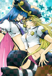 Rule 34 | 10s, 2girls, adapted uniform, blonde hair, blue eyes, boots, breasts, cleavage, grin, hat, long hair, midriff, multicolored hair, multiple girls, necktie, panty &amp; stocking with garterbelt, panty (psg), pantyhose, police, police uniform, ruka mayumi, shorts, siblings, sisters, smile, star (symbol), stocking (psg), striped clothes, striped legwear, striped thighhighs, suspenders, thighhighs, two-tone hair, uniform