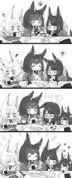 Rule 34 | 4girls, 4koma, :d, ^ ^, akagi-chan (azur lane), akagi (azur lane), amagi (azur lane), animal ears, azur lane, bell, closed eyes, comic, commentary, crying, crying with eyes open, eating, closed eyes, food, fox ears, fox tail, greyscale, hair bell, hair ornament, heart, highres, japanese clothes, kaga (azur lane), long hair, monochrome, multiple girls, musical note, nori (seaweed), onigiri, open mouth, putimaxi, rice, short hair, short twintails, silent comic, smile, spoon, steam, tail, tears, twintails