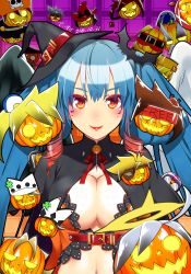 Rule 34 | 1girl, adapted costume, annotation request, asymmetrical wings, blue hair, breasts, cameo, cleavage, cleavage cutout, clothing cutout, dizzy (guilty gear), eyeshadow, guilty gear, guilty gear xrd, halloween, hat, heart, heart-shaped pupils, highres, jack-o&#039;-lantern, large breasts, lipstick, long hair, looking at viewer, makeup, midriff, mini hat, mini witch hat, navel, orochi (namashiba), pumpkin, red eyes, ringed eyes, solo, symbol-shaped pupils, twintails, wings, witch hat