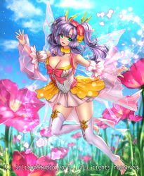 Rule 34 | 1girl, bare shoulders, barefoot, blush, bow, breasts, cleavage, company name, curly hair, day, fairy wings, flower, full body, green eyes, gyakushuu no fantasica, hair flower, hair ornament, large breasts, long hair, looking at viewer, official art, open mouth, purple hair, ryuki@maguro-ex, sky, smile, solo, thighhighs, toeless legwear, toes, twintails, veins, veiny breasts, wings