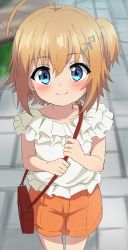 Rule 34 | 1girl, ahoge, bag, blonde hair, blue eyes, blurry, blurry background, blush, child, closed mouth, collarbone, commentary request, day, depth of field, hair between eyes, hair ornament, highres, holding strap, one side up, orange shorts, outdoors, re:stage!, shikimiya mana, shirt, short shorts, shorts, shoulder bag, sincos, sleeveless, sleeveless shirt, smile, solo, standing, white shirt