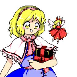 Rule 34 | 1girl, alice margatroid, belt, black eyes, blonde hair, blue dress, book, buttons, capelet, closed mouth, commentary, doll, dress, english commentary, eyes visible through hair, fairy wings, flying, frills, hair between eyes, hairband, hand up, hazama yuutou, hourai doll, juliet sleeves, long hair, long sleeves, looking to the side, lowres, necktie, no mouth, no shoes, parody, pc-98 (style), pink belt, pink hairband, pink necktie, puffy sleeves, red dress, short hair, short sleeves, simple background, smile, socks, solo, standing, style parody, teeth, touhou, transparent background, white background, white belt, white capelet, white socks, wings, yellow eyes