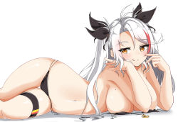 Rule 34 | 1girl, absurdres, azur lane, bare shoulders, bikini, black bikini, blush, breasts, closed mouth, flag print, german flag bikini, highres, large breasts, long hair, looking at viewer, lying, mole, mole on breast, moyoron, multicolored hair, navel, on side, prinz eugen (azur lane), prinz eugen (unfading smile) (azur lane), ribbon, side-tie bikini bottom, silver hair, simple background, solo, streaked hair, swimsuit, thighhighs, tongue, tongue out, traditional media, two side up, very long hair, white background