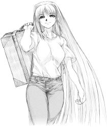 Rule 34 | 00s, 1girl, aozaki aoko, bare arms, closed mouth, cowboy shot, cropped legs, denim, face, female focus, greyscale, jeans, long hair, looking at viewer, monochrome, pants, sketch, smile, solo, suitcase, tareme, tsukihime, very long hair, yamaguchi homupe