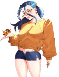 Rule 34 | 1girl, absurdres, black hair, blue hair, blush, breasts, denim, earrings, hair behind ear, hair ornament, highres, holding, jewelry, jobin chan, long hair, long sleeves, looking at viewer, midriff, nail polish, navel, nefertari vivi, one piece, open mouth, original, pixiv, ring, shirt, short shorts, shorts, simple background, solo, sweater, underwear, white background, yellow eyes