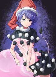 Rule 34 | 1girl, black capelet, black dress, blob, blue eyes, blue hair, breasts, capelet, commentary request, cowboy shot, doremy sweet, dress, hat, highres, looking at viewer, medium breasts, multicolored clothes, multicolored dress, nightcap, parted lips, pom pom (clothes), red hat, see-through, short dress, short hair, solo, standing, swept bangs, tail, tapir tail, touhou, y2