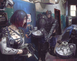 Rule 34 | 1girl, 2017, 2boys, artificial eyes, assault rifle, batou (gits), black hair, bob cut, breasts, cable, cleavage, cyberpunk, cyborg, dated, dirty, door, ducking, ghost in the shell, gun, hallway, helmet, highres, id card, kneeling, kusanagi motoko, large breasts, lips, manly, mecha, multiple boys, police, prosthesis, prosthetic arm, realistic, redesign, rifle, robot, science fiction, shield, short hair, shotgun, signature, source request, submachine gun, tactical clothes, weapon, white eyes, yintion