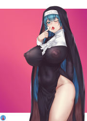 Rule 34 | 1girl, bad id, bad pixiv id, black dress, blue eyes, blue hair, blush, breasts, commentary request, cosplay, covered erect nipples, covered navel, dress, habit, highres, jewelry, large breasts, last origin, long hair, necklace, nun, oberonia rhea, one eye closed, open mouth, pink background, ravacon25, robe, saliva, see-through, side slit, sweat, tongue, tongue out, veil, veronica type-asc, very long hair