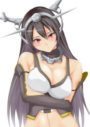 Rule 34 | 10s, 1girl, barefoot, black hair, breasts, cleavage, elbow gloves, gloves, kadokawa shoten, kantai collection, large breasts, long hair, looking at viewer, midriff, muffin (sirumeria), nagato (kancolle), pink eyes, simple background, solo, white background