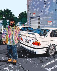 Rule 34 | 1boy, a$ap yams, blue pants, bmw, bmw 3 series, bmw e36, bmw m3, boots, braid, brown hair, car, commentary, english commentary, faceless, faceless male, facial tattoo, highres, jewelry, male focus, motor vehicle, multicolored clothes, multicolored sweater, necklace, orange footwear, outdoors, pants, real life, rudcef, shadow, sky, solo, spoiler (automobile), sweater, tattoo, timberland, tree, walking