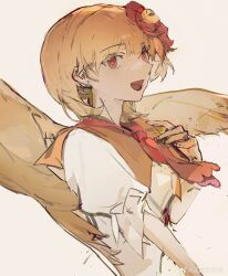 Rule 34 | 1girl, absurdres, animal, animal on head, bird, bird on head, bird wings, blonde hair, brown capelet, brown wings, capelet, chick, chinese commentary, colored eyelashes, commentary request, corallo, feathered wings, frilled sleeves, frills, hair ornament, hand on own chest, highres, looking ahead, lower teeth only, music, niwatari kutaka, on head, open mouth, puffy short sleeves, puffy sleeves, red eyes, shirt, short hair, short sleeves, simple background, singing, smile, solo, teeth, touhou, upper body, weibo watermark, white background, white shirt, wings