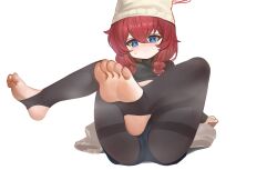 Rule 34 | 1girl, beanie, black shorts, blue archive, blue eyes, blush, braid, breasts, closed mouth, dokomon, foot focus, full body, hair between eyes, halo, hat, highres, long hair, maki (blue archive), maki (camp) (blue archive), no shoes, official alternate costume, red hair, red halo, shorts, simple background, small breasts, soles, solo, stirrup legwear, toeless legwear, toes, twin braids, white background, white hat