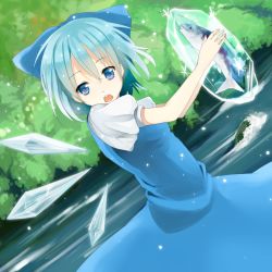 Rule 34 | 1girl, :o, bad id, bad pixiv id, blue dress, blue eyes, blue hair, bow, cirno, dress, dutch angle, female focus, fish, frozen, hair bow, holding, kurasawa moko, large bow, matching hair/eyes, nature, open mouth, outdoors, river, short hair, solo, embodiment of scarlet devil, touhou, water, wings