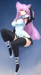 Rule 34 | 1girl, armpits, barbariank, black thighhighs, blue background, blunt bangs, borrowed character, breasts, capelet, commentary, dress, elbow gloves, english commentary, expressionless, frilled capelet, frills, full body, gloves, gradient background, grey eyes, hand in own hair, head tilt, highres, long hair, looking at viewer, medium breasts, original, pink hair, shoes, simple background, sitting, sleeveless, sleeveless dress, slime (substance), solo, thighhighs, very long hair, white footwear