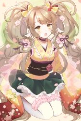 Rule 34 | 1girl, :o, absurdres, benzaiten (monster strike), blush, brown eyes, brown hair, commentary request, floral print, fortissimo, frilled skirt, frilled thighhighs, frills, hair ornament, highres, kkokko, long hair, long sleeves, looking at viewer, monster strike, musical note, musical note hair ornament, scrunchie, skirt, solo, thighhighs, twintails, white thighhighs, wide sleeves, wrist scrunchie