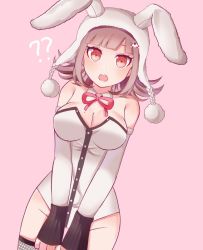 Rule 34 | 1girl, :o, ?, ??, animal ears, animal hat, bare shoulders, black gloves, breasts, cleavage, commentary request, cowboy shot, danganronpa (series), danganronpa 2: goodbye despair, detached sleeves, fake animal ears, fingerless gloves, fishnet legwear, fishnets, gloves, hair ornament, hairclip, hat, large breasts, leotard, light brown hair, long sleeves, looking at viewer, mole, mole on breast, nanami chiaki, official alternate costume, p0pomeco, pink background, pink eyes, pink neckwear, pink ribbon, playboy bunny, rabbit ears, rabbit hat, ribbon, shirt, simple background, solo, standing, teeth, upper teeth only, white shirt, white sleeves