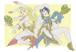 Rule 34 | 1boy, 1girl, alfonse (fire emblem), alternate costume, animal ears, blonde hair, blue bow, blue eyes, blue gloves, blue hair, bow, brother and sister, cup, easter egg, egg, fake animal ears, fake tail, fire emblem, fire emblem heroes, gloves, green eyes, high heels, highres, itou (very ito), long hair, multicolored hair, nintendo, official alternate costume, open mouth, outstretched arms, pants, pink hair, rabbit ears, rabbit tail, see-through, sharena (fire emblem), short hair, siblings, spoon, tail, white gloves, white pants