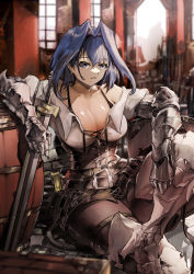 Rule 34 | 1girl, absurdres, armor, belt, blue eyes, blue hair, boots, breasts, cleavage, earrings, gauntlets, hair intakes, highres, holding, holding weapon, hololive, hololive english, jewelry, medieval, ouro kronii, shield, short hair, sitting, solo, sword, virtual youtuber, vyragami, weapon