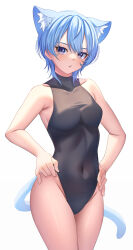 Rule 34 | 1girl, absurdres, animal ears, aoi zerii, blue hair, bodystocking, breasts, cat ears, cat girl, cat tail, collarbone, covered collarbone, covered navel, hand on own hip, highres, hololive, hoshimachi suisei, kemonomimi mode, looking at viewer, medium breasts, purple eyes, short hair, sideboob, simple background, solo, tail, virtual youtuber, white background