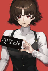 Rule 34 | 1girl, braid, brown hair, card, closed mouth, collarbone, commentary, crown braid, english commentary, english text, eroka404, hand up, highres, holding, holding card, long sleeves, looking at viewer, niijima makoto, persona, persona 5, red background, red eyes, shirt, short hair, simple background, solo, turtleneck, upper body, white shirt