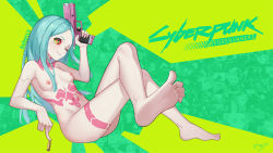 Rule 34 | 1girl, absurdres, angao, artificial eye, barefoot, blue hair, blush, breasts, bullet, character name, colored sclera, commentary request, completely nude, copyright name, crossed legs, cyberpunk (series), cyberpunk edgerunners, feet, finger on trigger, full body, green eyes, gun, handgun, highres, holding, holding weapon, leg tattoo, long hair, mechanical eye, middle finger, navel, neck tattoo, nipples, nude, petite, rebecca (cyberpunk), reclining, red pupils, red sclera, signature, small breasts, smile, solo, stomach tattoo, straight hair, tattoo, thighs, weapon