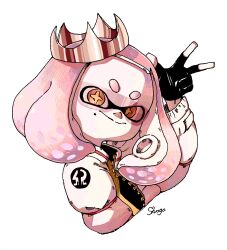 Rule 34 | + +, 1girl, arm up, artist name, black gloves, blunt bangs, closed mouth, cropped torso, crown, female focus, fingerless gloves, flat chest, forehead, gloves, happy, highres, inkling, jacket, long sleeves, looking at viewer, mole, mole under eye, mole under mouth, nintendo, orange eyes, pale skin, pearl (splatoon), pink hair, rimless eyewear, shirt, shogo (shogo70449442), short hair, sidelocks, signature, simple background, smile, solo, splatoon (series), splatoon 2, split mouth, suction cups, sunglasses, tentacle hair, tentacles, tilted headwear, upper body, v-shaped eyebrows, w, white background, white jacket, yellow headwear, yellow pupils, yellow shirt, zipper