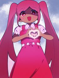 Rule 34 | 1girl, blush, bright pupils, buttons, cloud, collared shirt, dress, from below, heart, heart hands, highres, long hair, looking at viewer, matouchi (matouti118), omori, open mouth, parted bangs, partially shaded face, perfectheart (omori), pinafore dress, pink dress, pink eyes, pink hair, puffy short sleeves, puffy sleeves, shirt, short sleeves, sleeveless, sleeveless dress, smile, solo, tan, twintails, very long hair, white pupils, white shirt
