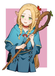 Rule 34 | 1girl, belt, blonde hair, blue cape, blue robe, braid, brown belt, cape, choker, commentary request, cropped legs, dungeon meshi, flying sweatdrops, green eyes, highres, holding, holding staff, lenko, long hair, long sleeves, looking ahead, marcille donato, multiple braids, open mouth, pointy ears, red choker, robe, simple background, solo, staff, twin braids