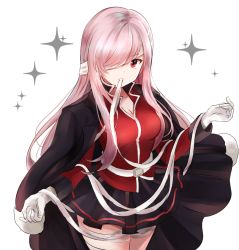Rule 34 | 1girl, alternate hairstyle, bad id, bad pixiv id, bandage over one eye, bandaged head, bandaged leg, bandages, belt, belt pouch, black jacket, black skirt, breasts, cleavage, closed mouth, coat, cropped legs, fate/grand order, fate (series), florence nightingale (fate), florence nightingale (third ascension) (fate), gloves, hair down, jacket, jacket on shoulders, long hair, long sleeves, looking at viewer, medium breasts, melings (aot2846), military, military uniform, mouth hold, pink hair, pleated skirt, pouch, red coat, red eyes, sam browne belt, skirt, solo, standing, uniform, very long hair, white background, white belt, white gloves