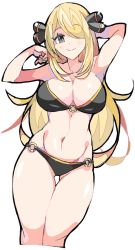 Rule 34 | 1girl, arm up, armpits, bare arms, bare legs, bare shoulders, bikini, black bikini, blonde hair, breasts, cleavage, closed mouth, cowboy shot, creatures (company), cropped legs, cynthia (pokemon), enpe, game freak, graphite (medium), grey eyes, groin, hair ornament, hair over one eye, hand up, highres, long hair, looking at viewer, medium breasts, navel, nintendo, o-ring, o-ring bikini, pokemon, pokemon dppt, simple background, smile, solo, stomach, swimsuit, thigh gap, thighs, traditional media, very long hair, white background