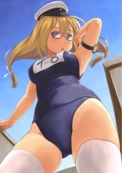Rule 34 | 10s, 1girl, blonde hair, blush, breasts, cameltoe, from below, glasses, hat, highres, i-8 (kancolle), kantai collection, large breasts, long hair, looking at viewer, one-piece swimsuit, red-framed eyewear, school swimsuit, solo, swimsuit, thighhighs, twintails, wa (genryusui), white thighhighs