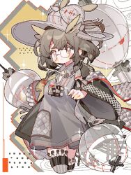 Rule 34 | 1girl, alternate costume, animal ears, arknights, bird ears, blush, borrowed design, bright pupils, brown eyes, brown hair, hat, highres, jewelry, knees out of frame, long sleeves, necklace, pixelated, round eyewear, saucer (saucer752), silence (arknights), solo, standing, star-shaped pupils, star (symbol), symbol-shaped pupils, thighhighs, transparent, white pupils, wide sleeves
