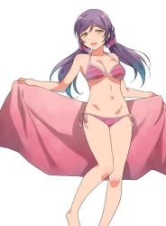 Rule 34 | 1girl, bikini, breasts, cleavage, duke (inu daimyou), green eyes, hair ornament, hair scrunchie, halterneck, holding, holding towel, long hair, looking at viewer, love live!, love live! school idol project, medium breasts, navel, open mouth, pink bikini, pink scrunchie, purple hair, scrunchie, side-tie bikini bottom, simple background, solo, string bikini, swimsuit, tojo nozomi, towel, twintails, white background