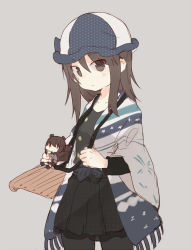 Rule 34 | 10s, alternate costume, black legwear, black shirt, black skirt, blue hat, blue shawl, brown eyes, brown hair, carrying, character doll, closed mouth, cowboy shot, eyes visible through hair, finnish clothes, fringe trim, fud, girls und panzer, grey background, hat, holding, holding instrument, instrument, kantele, light frown, long hair, looking at viewer, mika (girls und panzer), miniskirt, nishizumi maho, pantyhose, pleated skirt, shawl, shirt, short hair, simple background, skirt, standing