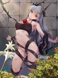 Rule 34 | 1girl, absurdres, apple, arched back, arknights, armpits, bare shoulders, barefoot, bathtub, black ribbon, bottomless, breasts, closed mouth, crack, cracked wall, flower, food, fruit, grey hair, head tilt, highres, horns, indoors, leaning back, leg up, long hair, looking at viewer, medium breasts, mudrock (arknights), mudrock (silent night) (arknights), nekobell, no panties, official alternate costume, red eyes, ribbon, solo, very long hair, water, white flower