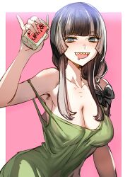 Rule 34 | 1girl, @ @, alcohol carton, black hair, blue eyes, bocchi the rock!, bow (bhp), breasts, cleavage, commentary request, cosplay, dress, drooling, green dress, grey hair, hiroi kikuri, hiroi kikuri (cosplay), hololive, hololive dev is, juufuutei raden, large breasts, long hair, looking at viewer, mouth drool, multicolored hair, no bra, pink background, sharp teeth, strap slip, teeth, two-tone hair, upper teeth only, virtual youtuber