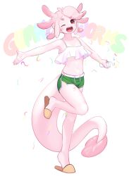 Rule 34 | 1girl, :d, axolotl, bare arms, bare legs, bare shoulders, blue shorts, colored skin, commentary, crop top, dolphin shorts, english commentary, freckles, full body, gift art, gummy worm, head tilt, highres, holding, holding jar, jar, looking at viewer, medium hair, monster girl, navel, open mouth, original, pink hair, pink skin, red eyes, round teeth, shorts, slippers, smile, solo, standing, standing on one leg, star-shaped pupils, star (symbol), symbol-shaped pupils, tail, teeth, tentacle hair, upper teeth only, webbed hands, yoako