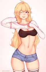 Rule 34 | 1girl, ;d, ahoge, arm up, black bra, blonde hair, bluefield, bra, breasts, cleavage, clothes lift, covered erect nipples, cutoffs, denim, denim shorts, highres, long hair, long sleeves, medium breasts, midriff, navel, one eye closed, open mouth, patreon username, purple eyes, rwby, shirt lift, short shorts, shorts, simple background, smile, solo, stomach, striped clothes, striped thighhighs, sweat, thighhighs, underwear, yang xiao long