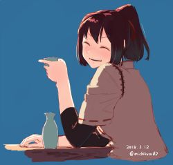 Rule 34 | 1girl, backlighting, blue background, bottle, brown hair, brown shirt, choko (cup), closed eyes, cup, dated, from side, glass, hair ribbon, ise (kancolle), kantai collection, laughing, open mouth, ponytail, ribbon, sake bottle, shirt, short hair, simple background, solo, takuzui, tokkuri, twitter username, upper body, v-shaped eyebrows