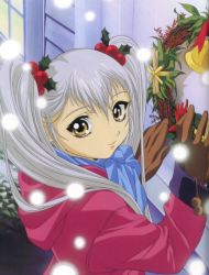 Rule 34 | 1girl, bell, brown gloves, christmas, christmas wreath, coat, from side, gloves, gotou keiji, hair ornament, holly, holly hair ornament, hood, hooded coat, hoshino ruri, jacket, kidou senkan nadesico, long hair, looking at viewer, matsuda tsuyoshi, official art, outdoors, pom pom (clothes), retro artstyle, scan, silver hair, snow, snowing, solo, standing, third-party source, twintails, winter, winter clothes, wreath, yellow eyes