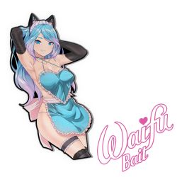 Rule 34 | animal ears, apron, armpits, arms up, blue eyes, blue hair, cat ears, highres, kaiend, looking at viewer, maid headdress, multicolored hair, pink hair, promotional art, silvervale, solo, virtual youtuber, vshojo