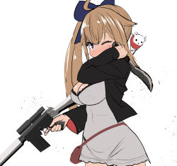 Rule 34 | 1girl, battle rifle, blonde hair, blue eyes, breasts, commentary, dress, fal (girls&#039; frontline), fn fal, girls&#039; frontline, gun, large breasts, long hair, one eye closed, rifle, side ponytail, solo, sumiyao (amam), very long hair, weapon, white dress